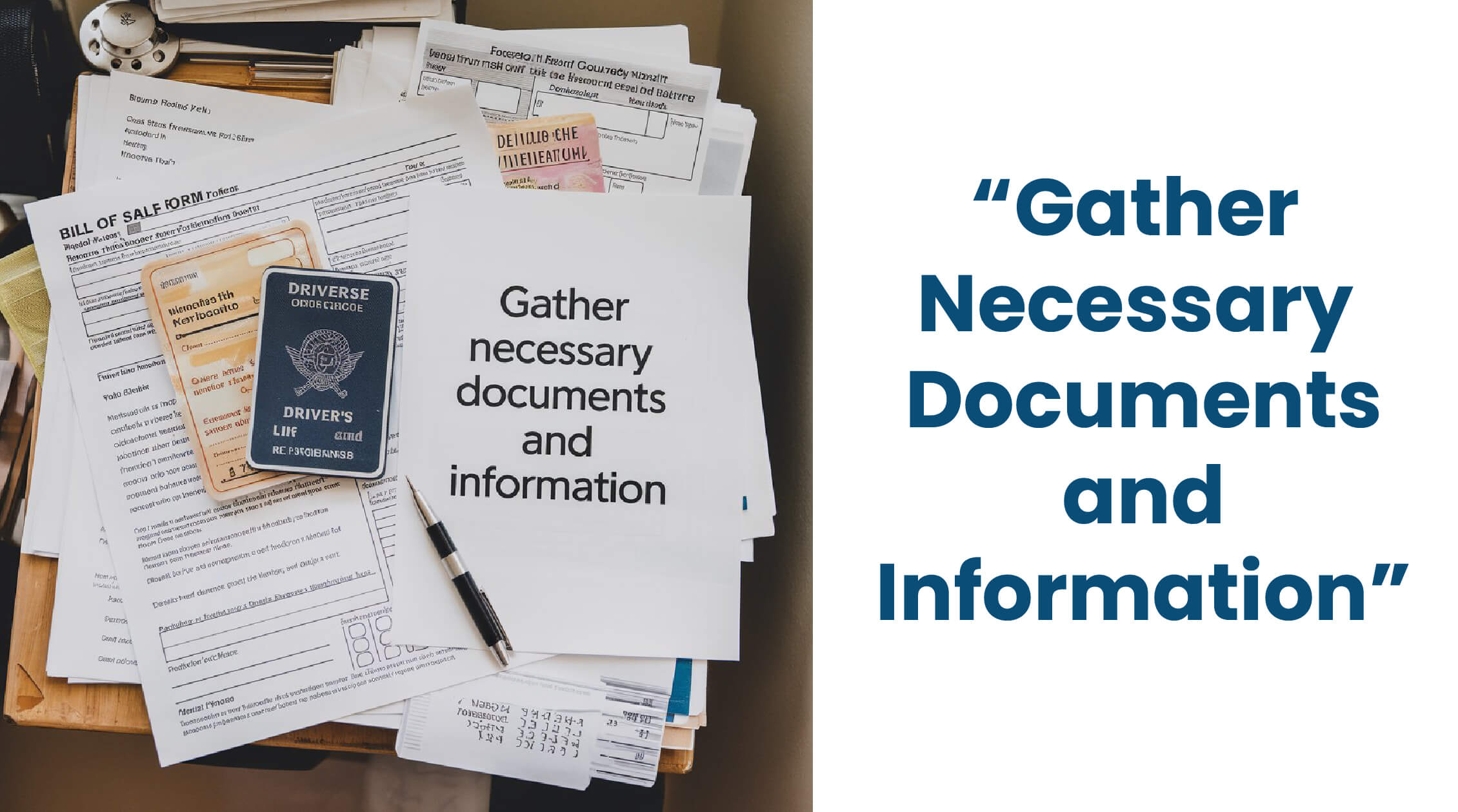 Gather Necessary Documents and Information-01 (1) A cluttered desk with various documents scattered around, including a driver's license and a bill of sale form. The text