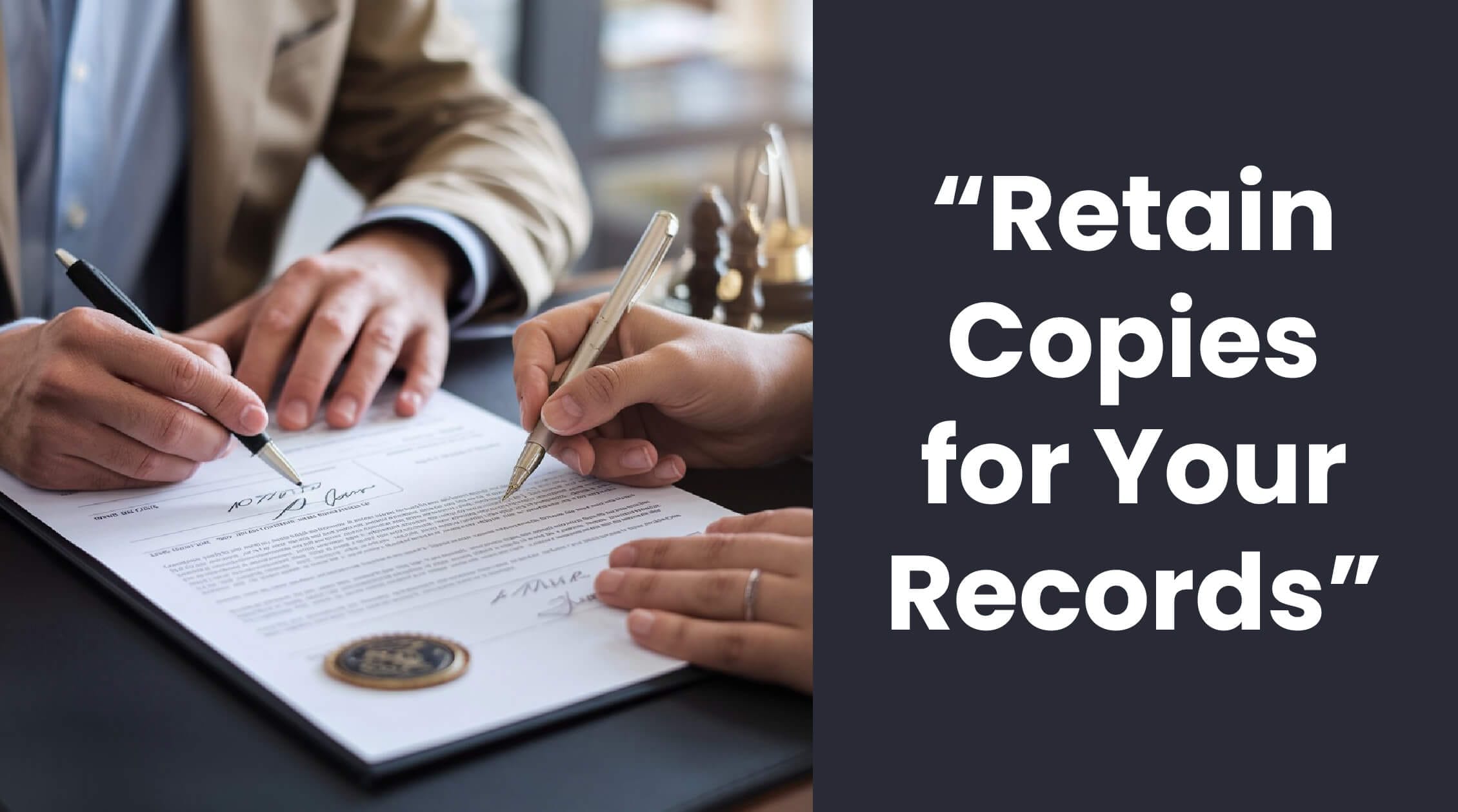 – Retain Copies for Your Records-01 (1) Two people signing a notarized bill of sale for a car, with the text "Retain Copies for Your Records" emphasizing the importance of keeping copies of the finalized document.